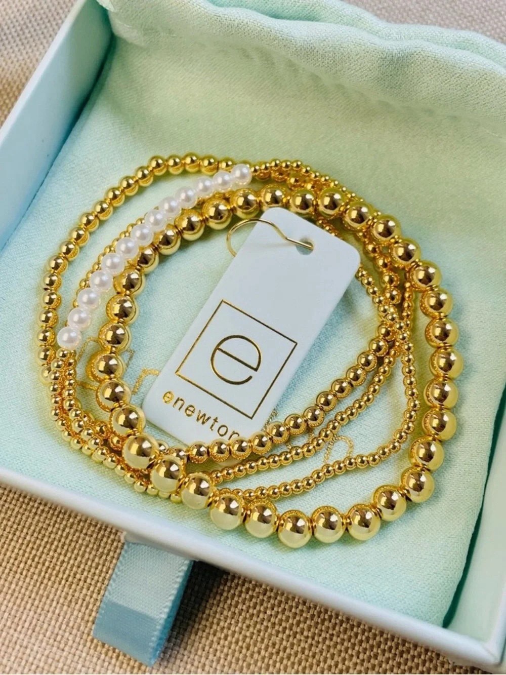 Newton Gold Beaded Stretch Bracelet Set with Pearl Strand